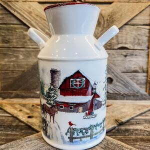 Vintage Snowy Barn Winter Farmhouse Ceramic Milk Can/Jug/Vase, Horse Sleigh, 10”